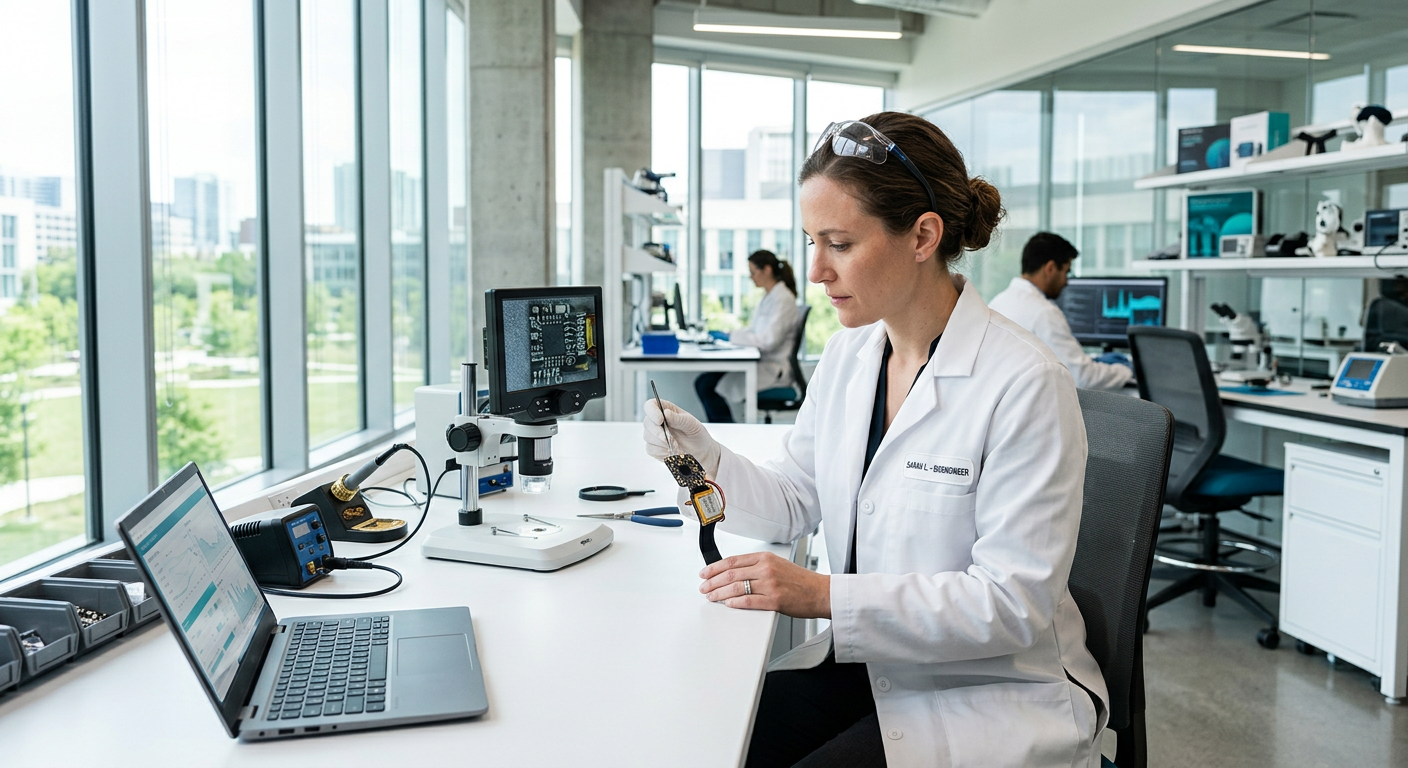 METIVUE engineer examining a wearable sensor prototype in a research lab