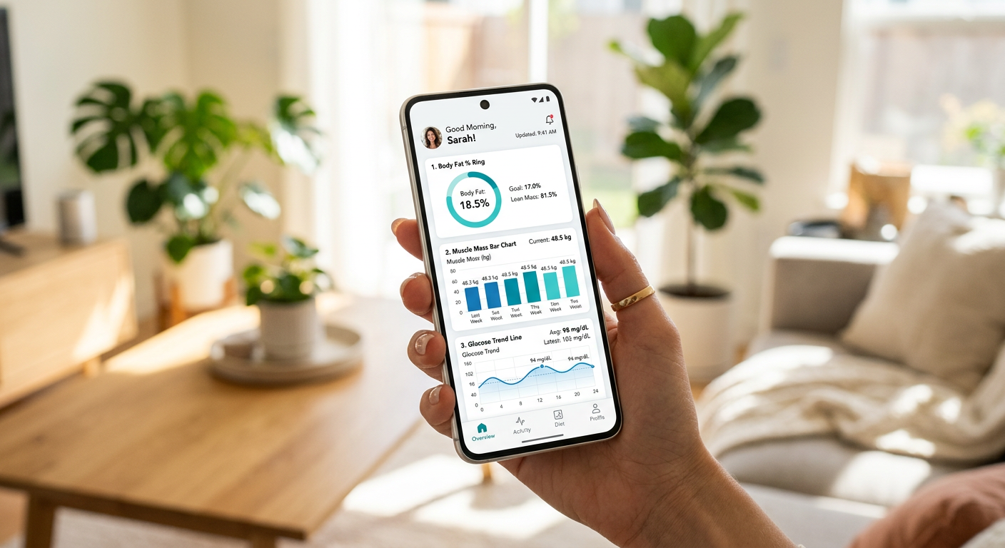 Smartphone displaying the METIVUE integrated health dashboard