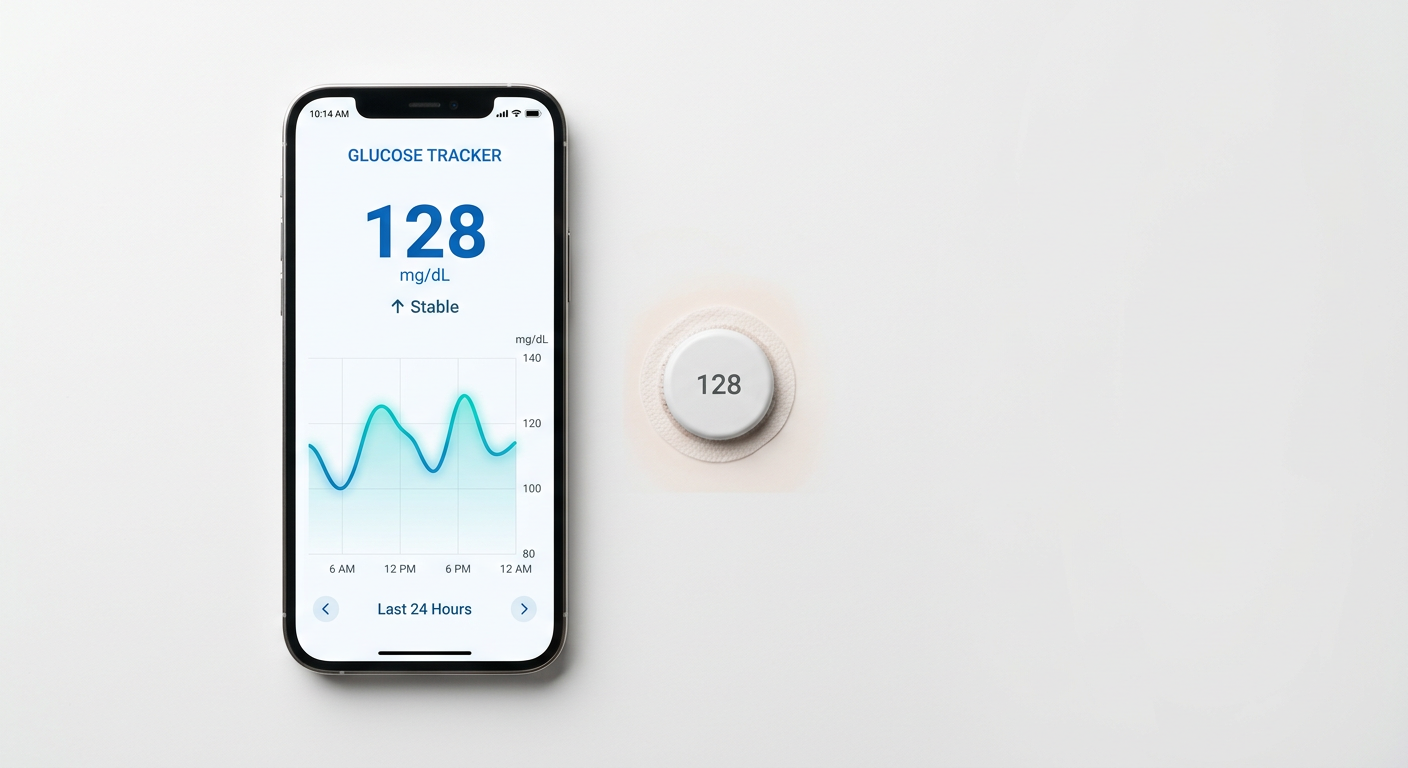 METIVUE glucose sensor patch beside a smartphone showing a glucose trend graph