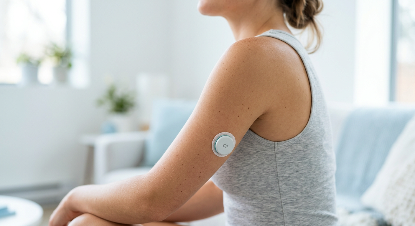 Wearable METIVUE continuous glucose monitoring patch on the upper arm